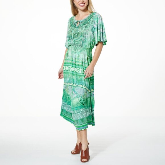 Size 3X 22 24 GREEN ABSTRACT PRINT SMOCKED WAIST MIDI‎ DRESS Summer PLUS SIZE - Picture 1 of 5